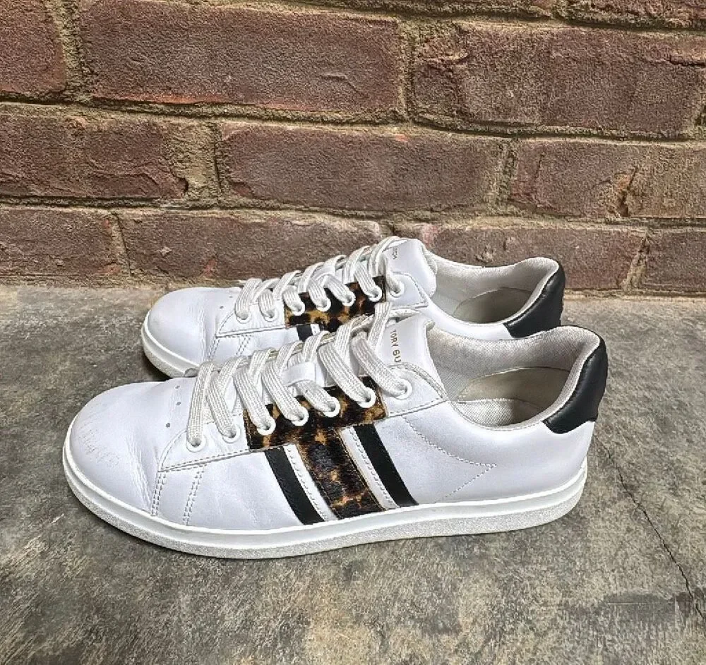 Tory Burch Howell T-Saddle Court Sneakers White Leather Leopard Fur Size 8